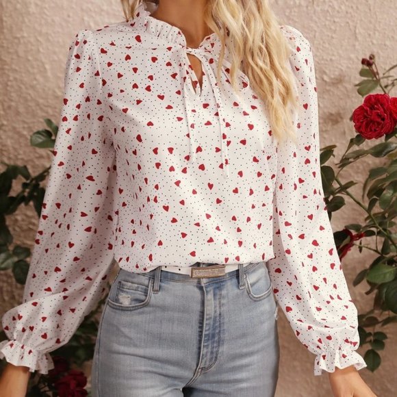 Heart & Polka Dot Frill Trim Tie Neck Flounce Sleeve Blouse - Picture 5 of 5